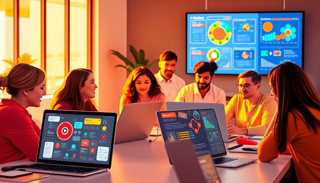 Engaging professionals utilizing AI design tools for businesses in a collaborative workspace.