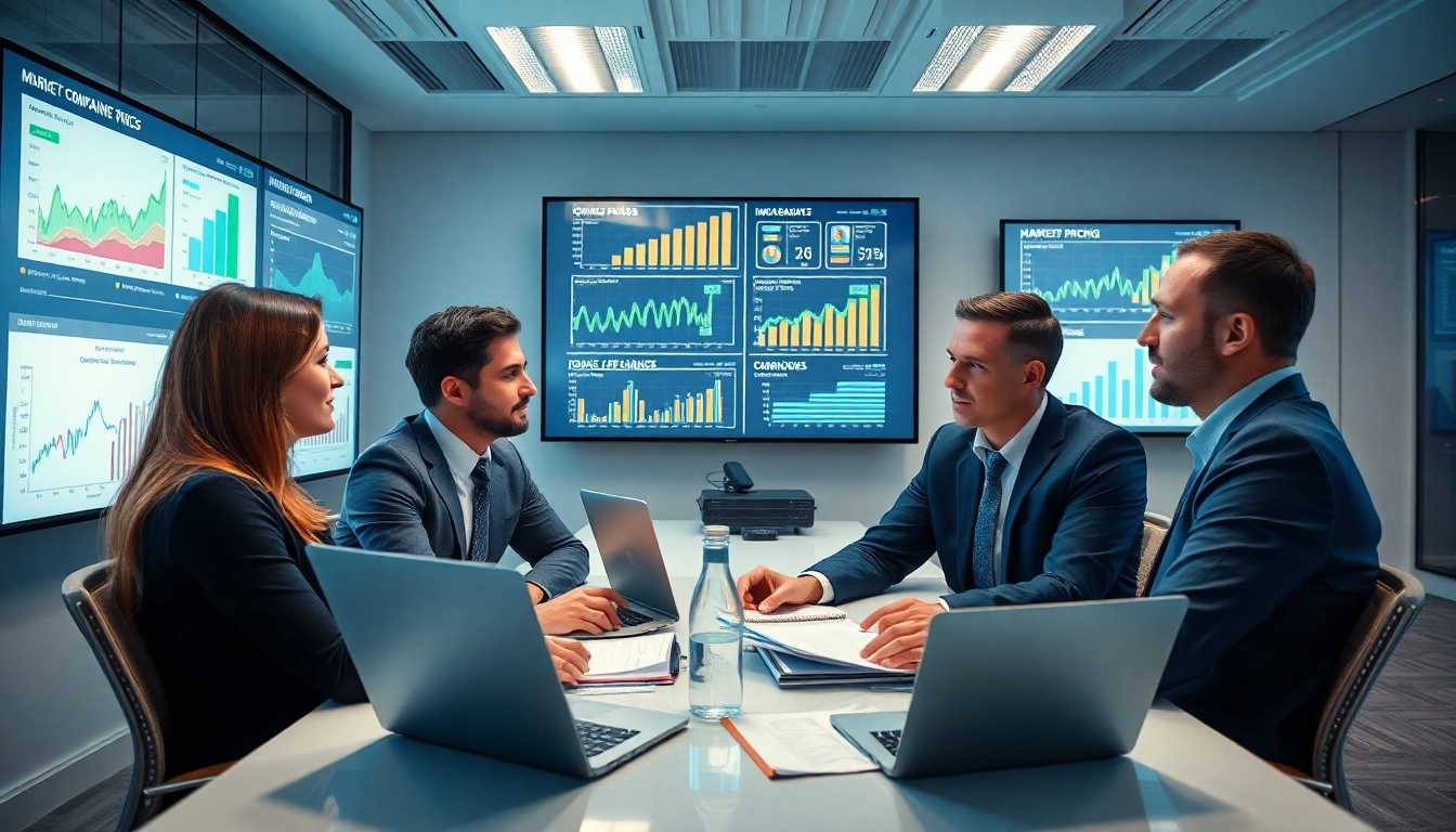 Analyze competitor pricing strategies with a professional team in a modern office setting.