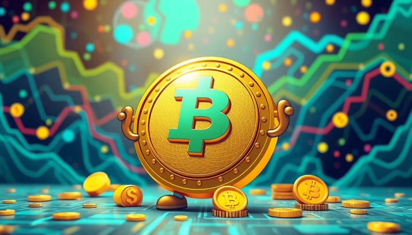 Showcase of the BasedChadHQ meme coin in a colorful digital landscape, highlighting cryptocurrency themes.