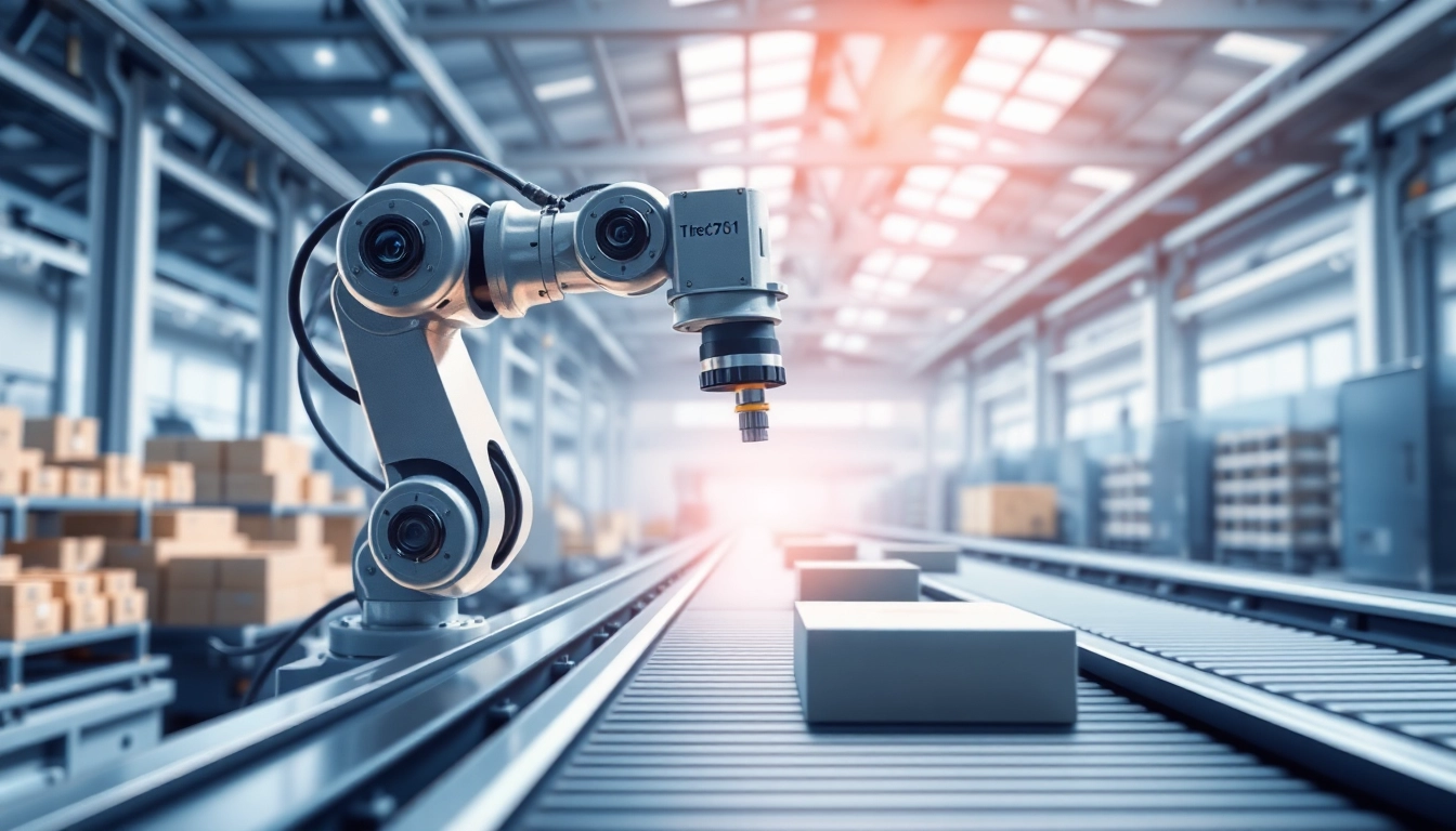 Machine vision system inspecting products with robotic arm in a modern industrial setting.