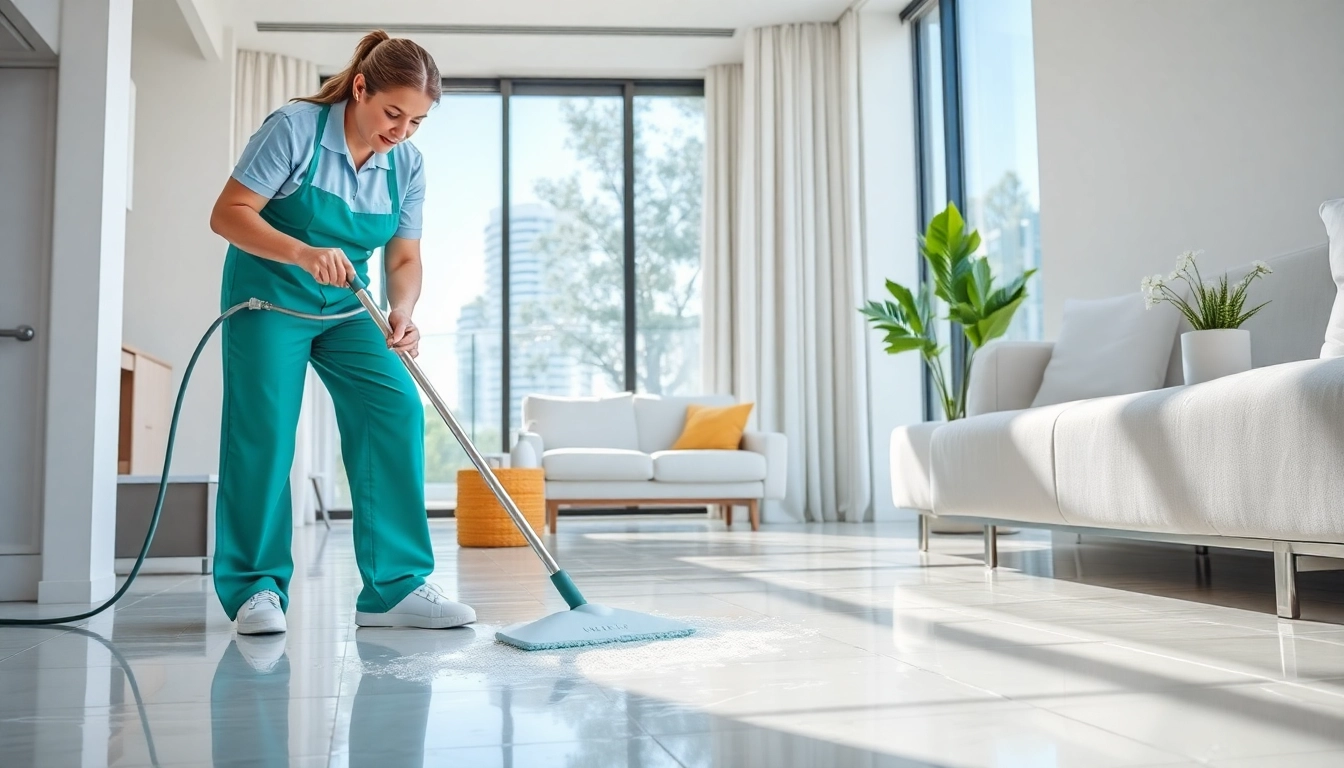 Effective bond cleaning Brisbane service shown with a focused professional cleaning a bright apartment.