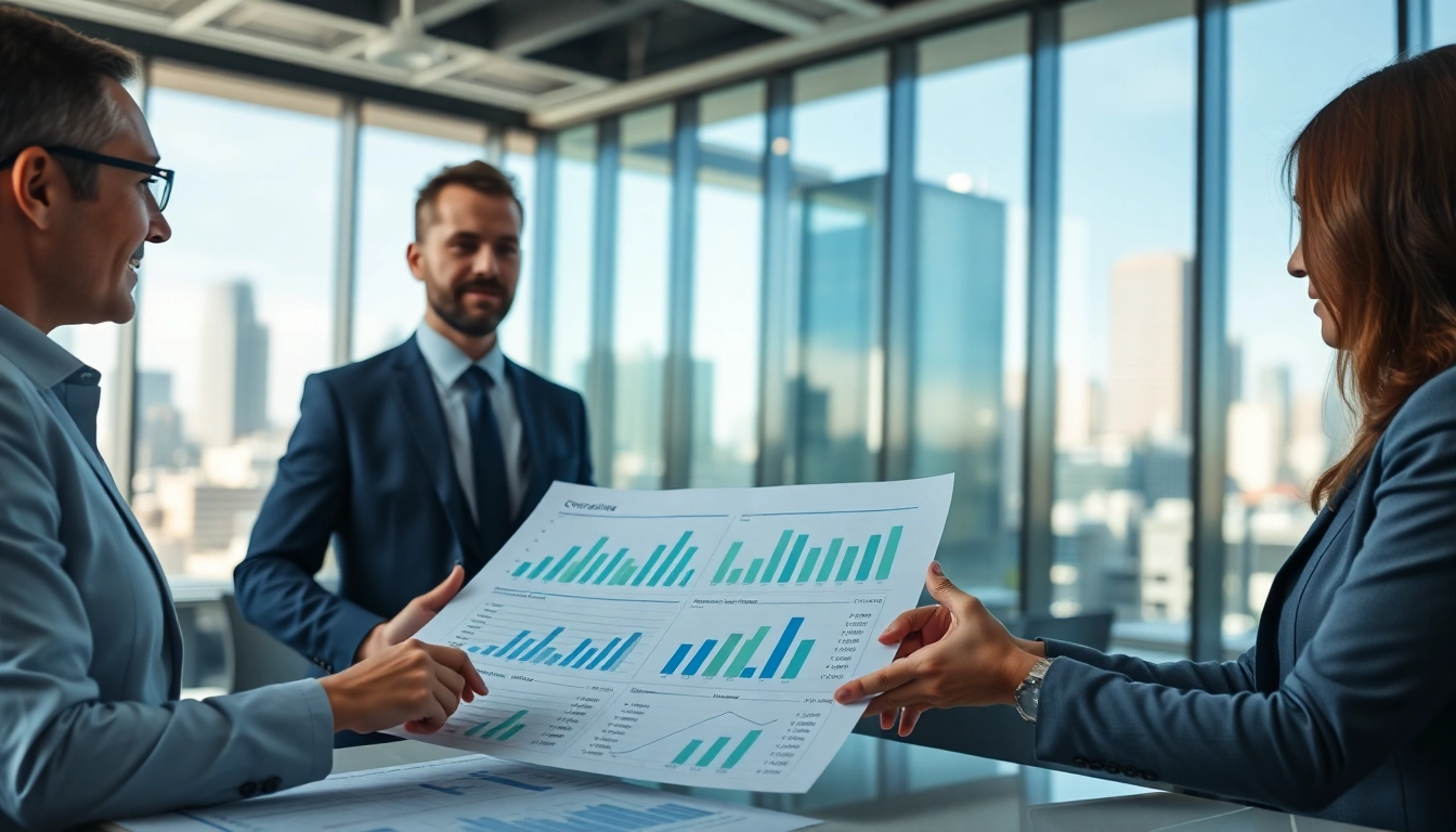 Conducting competitor pricing research with business professionals analyzing data in a modern office environment.