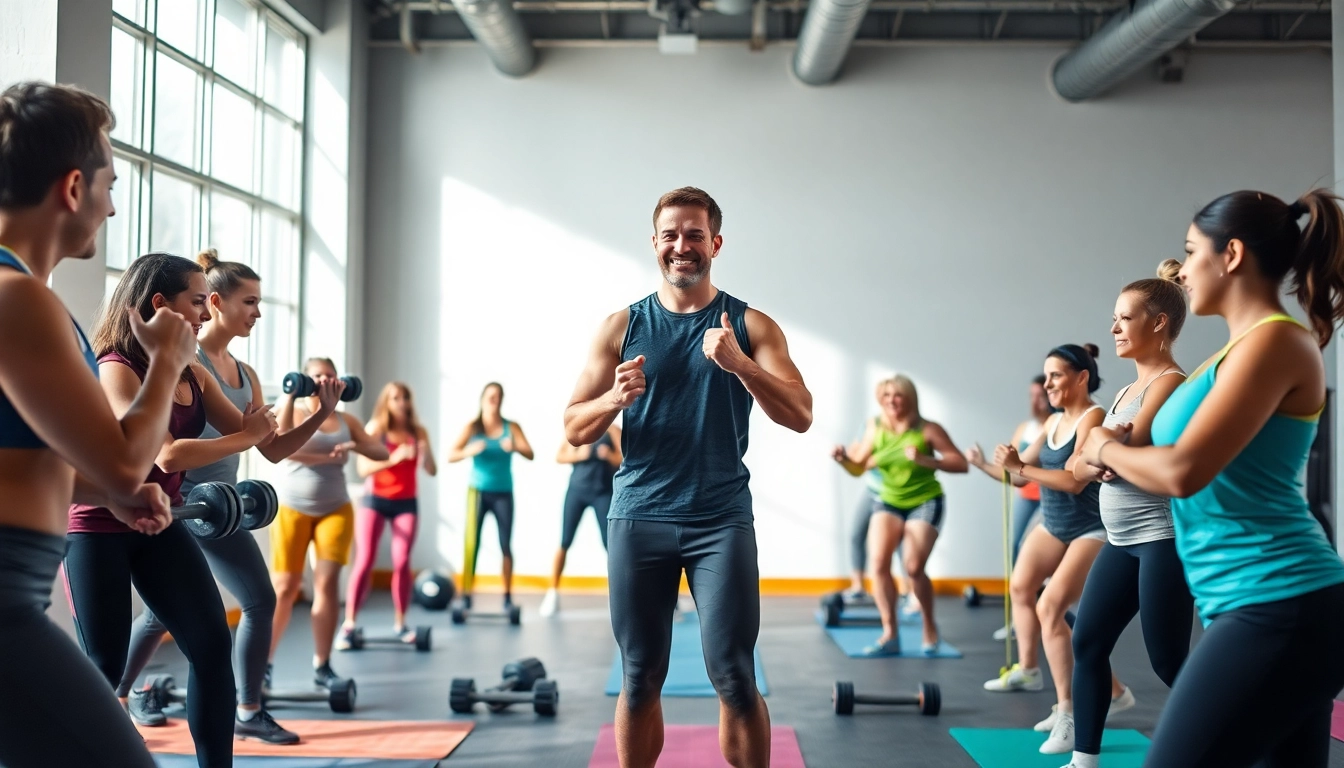 A vibrant gym group training session showcasing diverse participants engaged in various exercises.