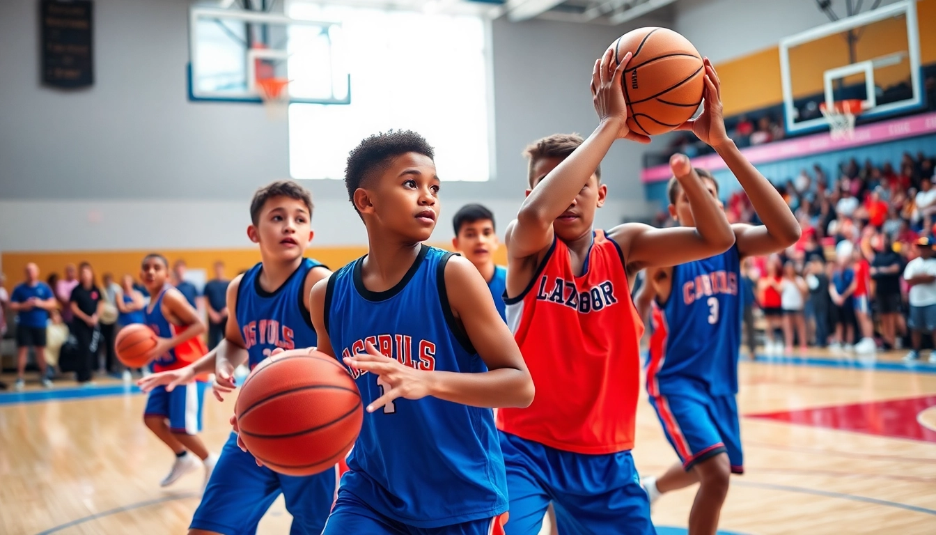 Dynamic scene at Takeover Basketball Academy with youth players training and showcasing skills.