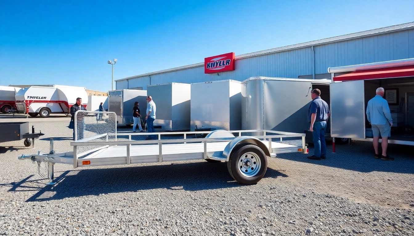 Browse a diverse range of trailers near me at a lively dealership, showcasing various models and customer interactions.