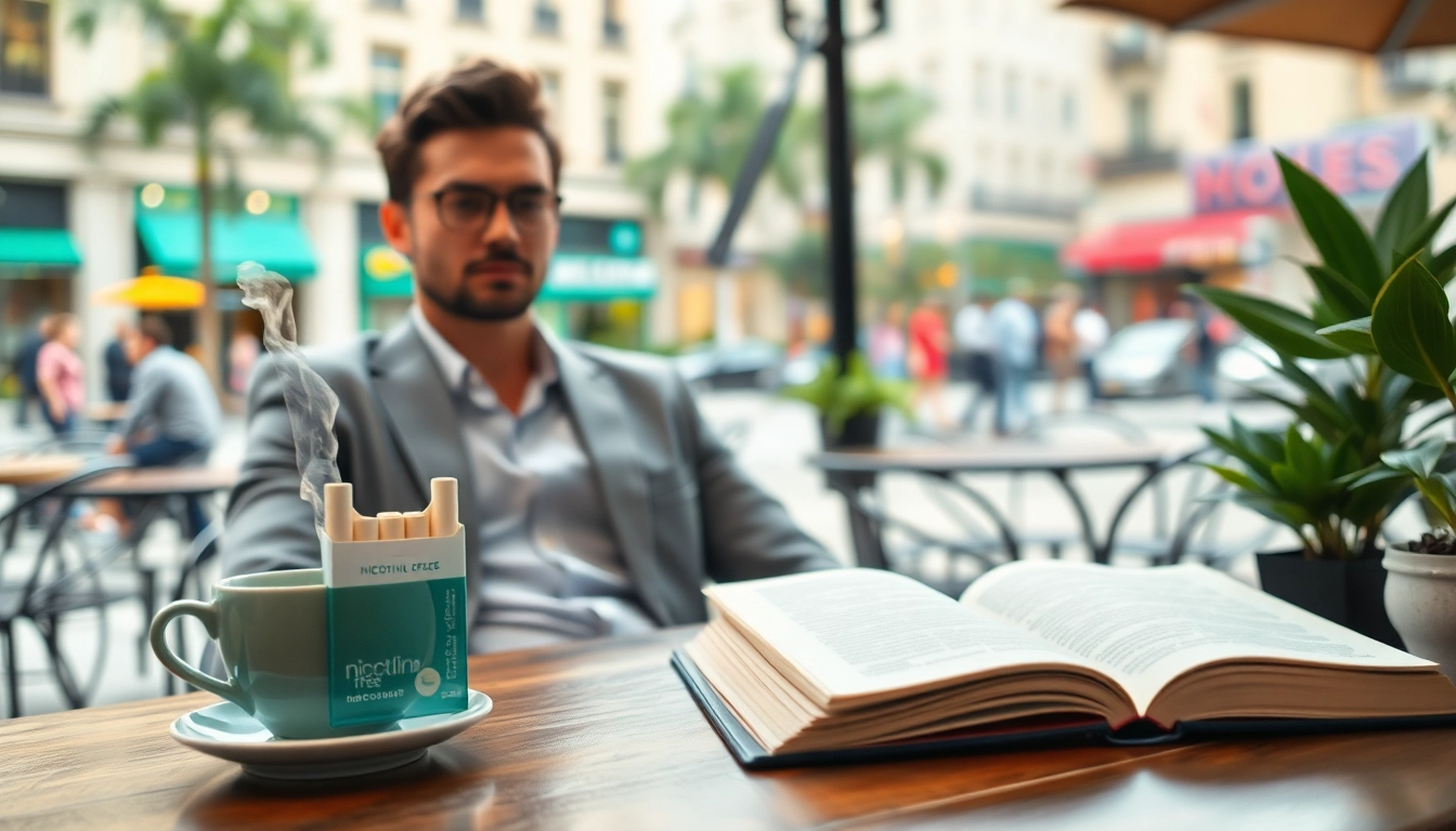 Enjoying nicotine free cigarettes in a relaxing café setting with a herbal tea and book.