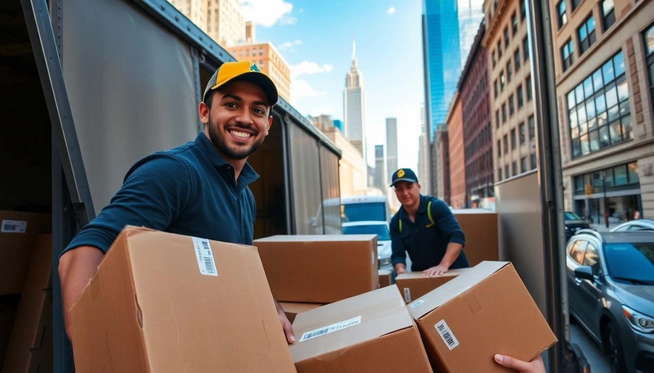 Skilled movers from a moving company in NYC loading boxes into a truck, showcasing their professionalism.