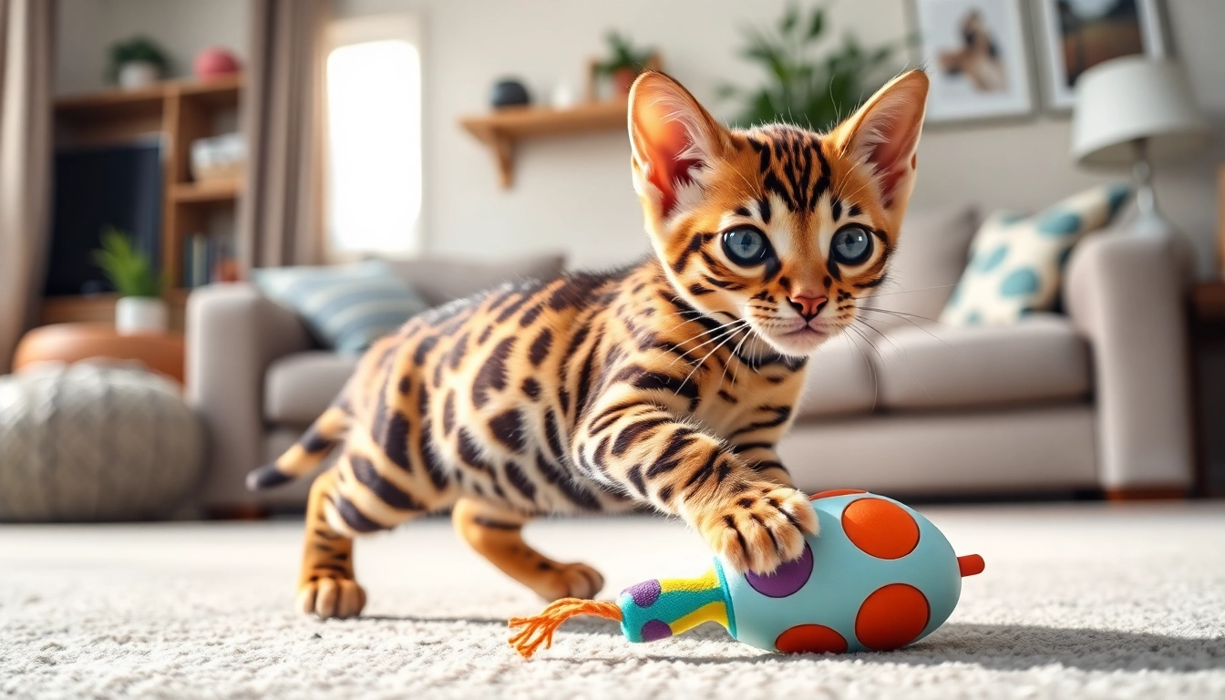 Bengal Breeders Orange County highlights a lively Bengal kitten playing joyfully in a welcoming home.