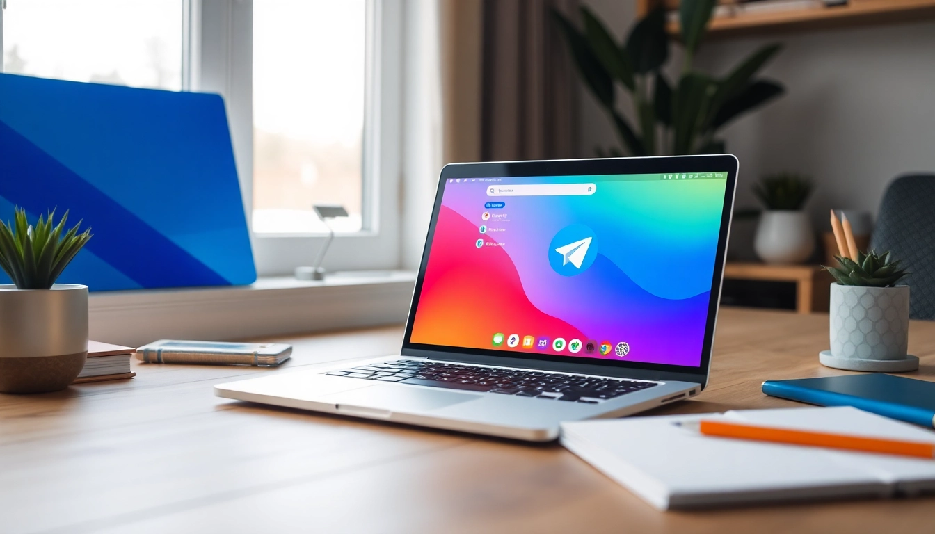 Download telegram电脑下载 on a laptop with a visually appealing interface and organized workspace.