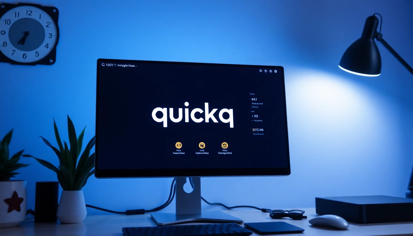 Download quickq电脑版下载 showcasing a futuristic desktop interface on a sleek monitor.