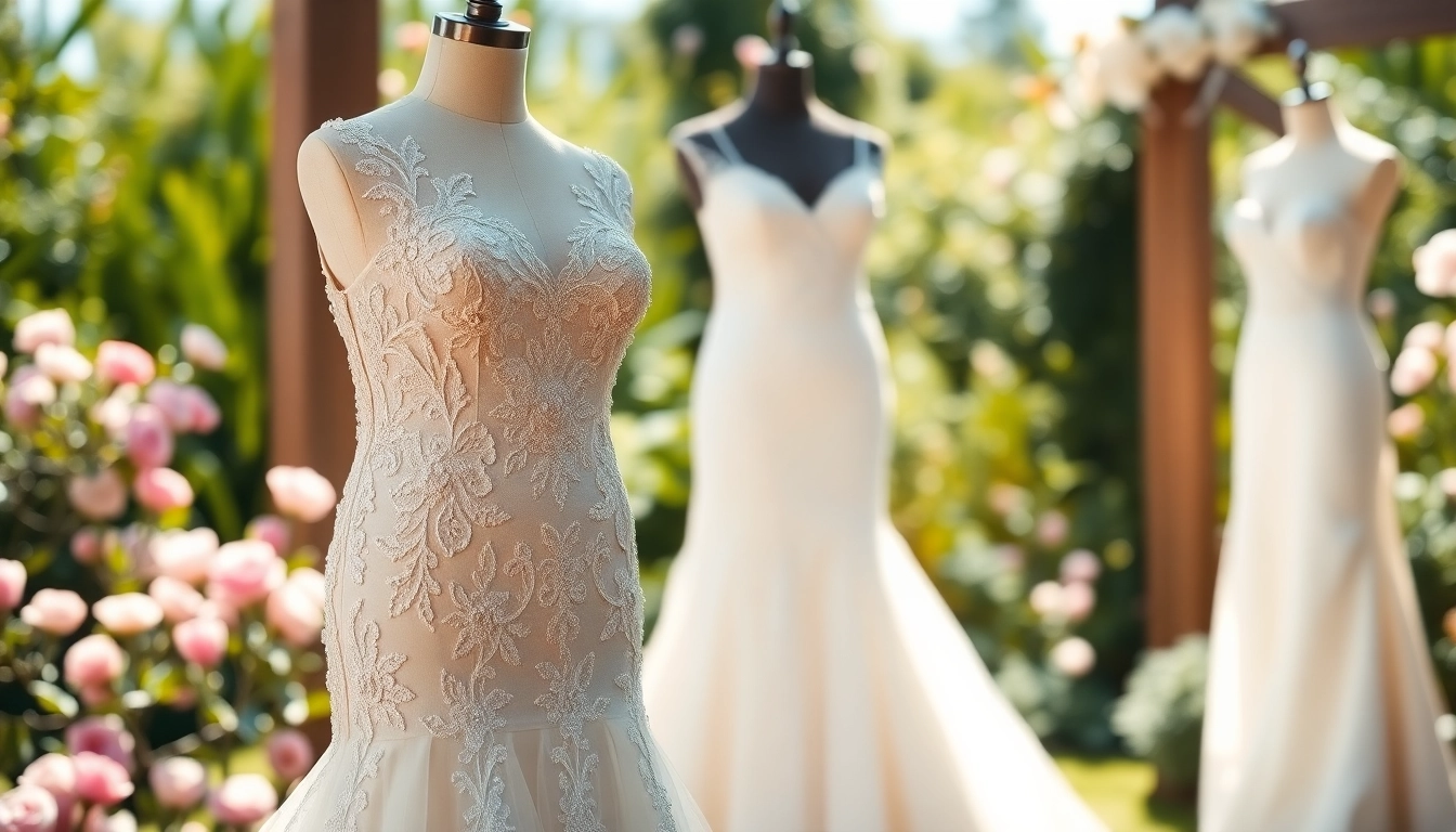 Showcasing an elegant reception wedding dress in a beautiful garden, highlighting intricate lace details.
