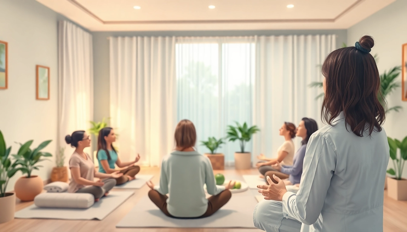Practicing relaxation techniques for dealing with anxiety in a serene therapy setting.