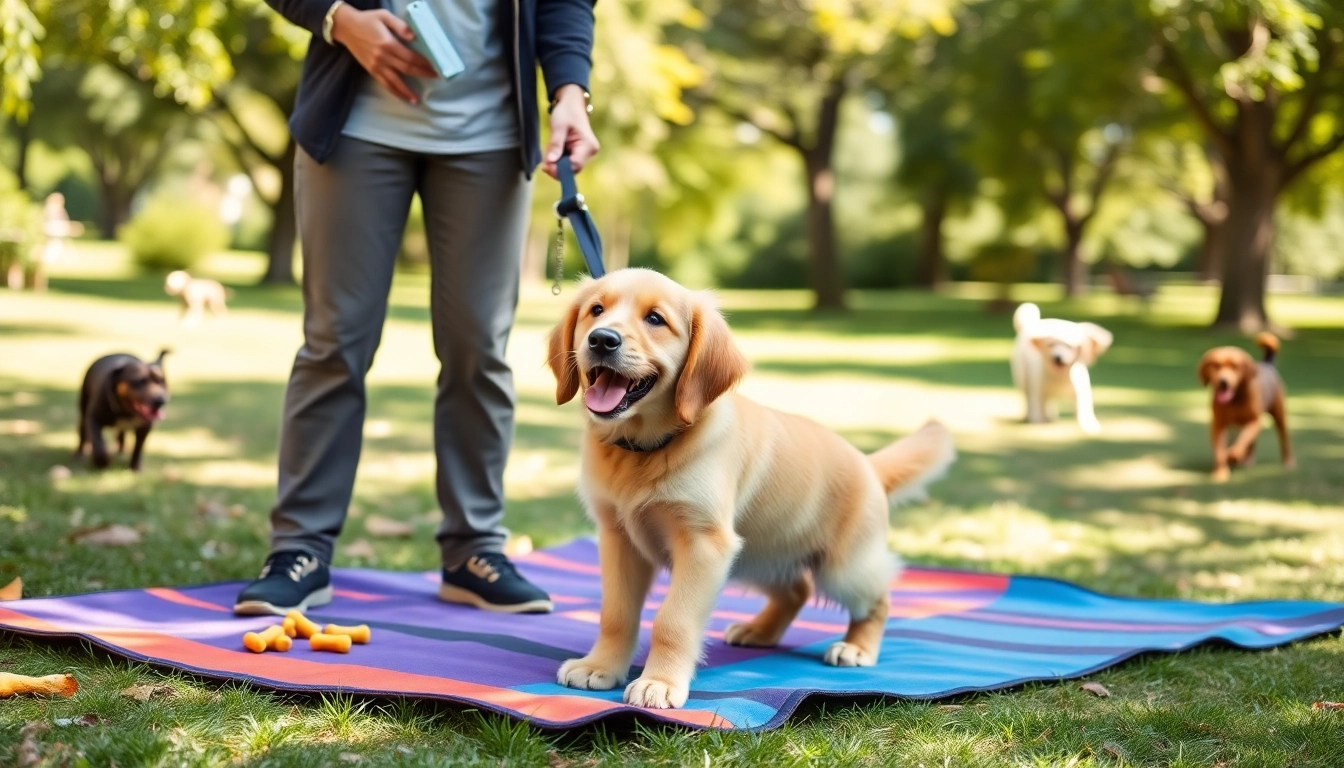 Engaging dog training Irvine scene with a puppy being trained in a sunny park.