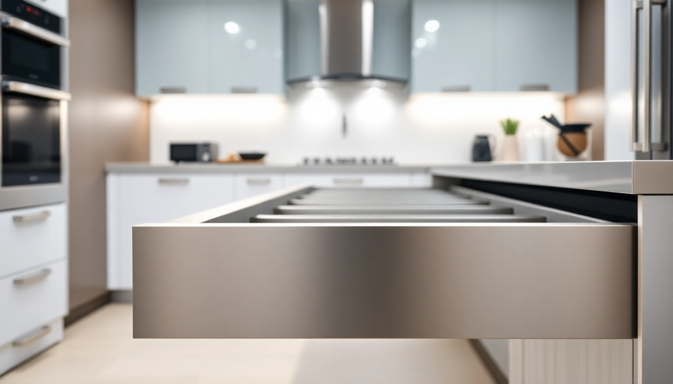 Metal Drawer System displayed in a modern kitchen, highlighting its sleek design and functionality.