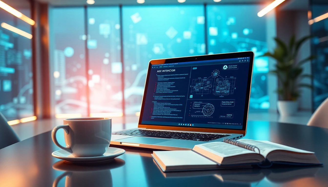 Analyze text with an AI checker tool displayed on a sleek laptop in a tech-savvy office.