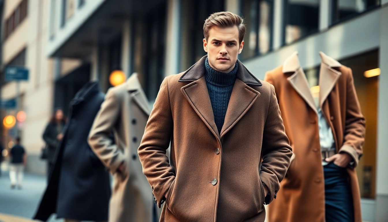 Showcasing stylish mens coats in an urban setting, highlighting modern designs and textures.