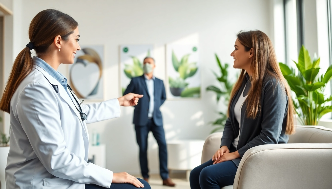 Consultant explaining the benefits of Injectable Weight Loss treatments to a patient in a clinic.