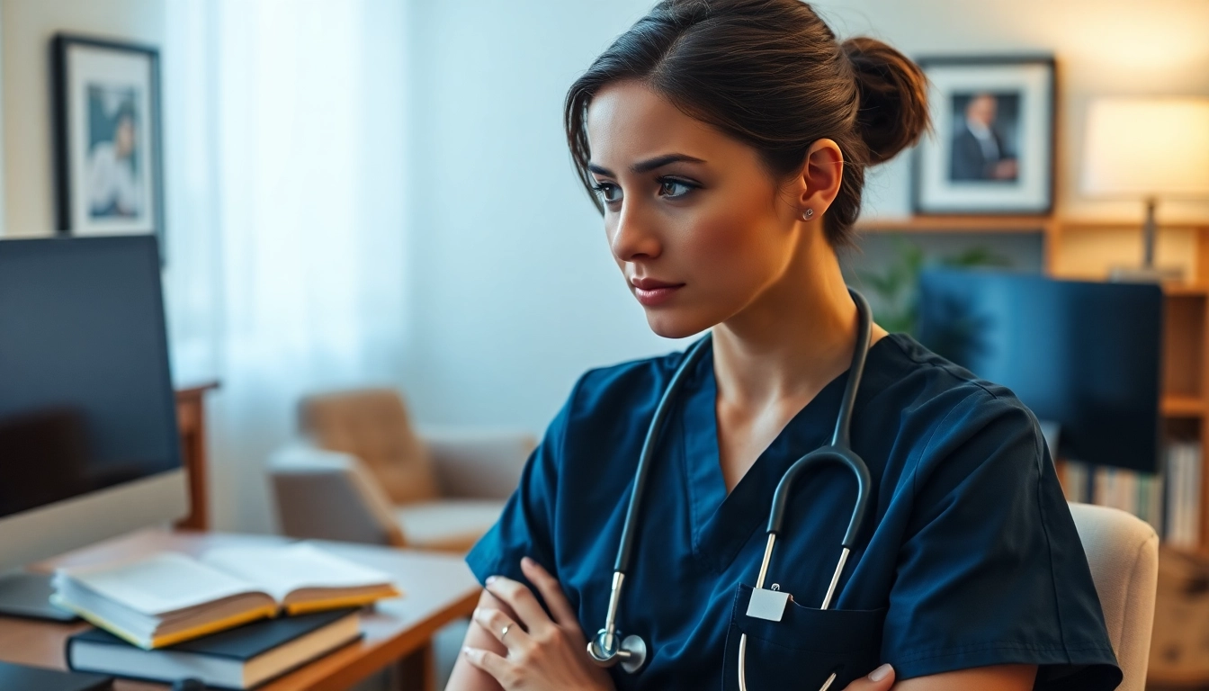 Nurse contemplating career choices related to the VDAP Program in Alabama in a serene office.