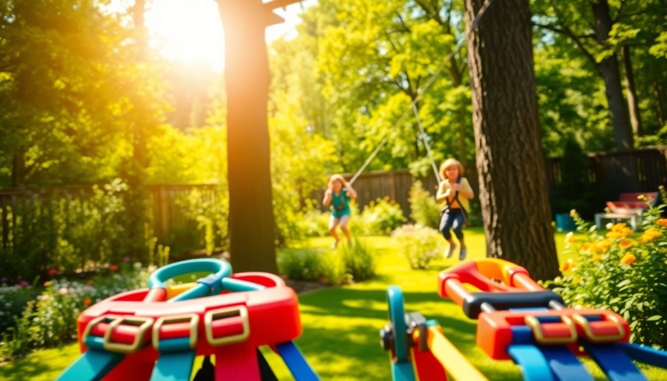 Family enjoying a thrilling ride with ZIP WIRE KITS in a vibrant backyard setting.