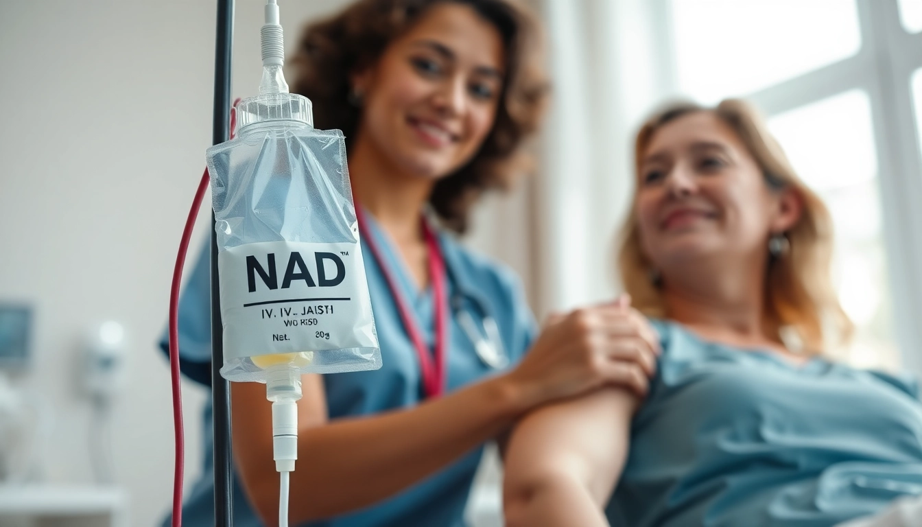 NAD IV therapy side effects illustrated by a healthcare professional administering treatment in a serene environment.