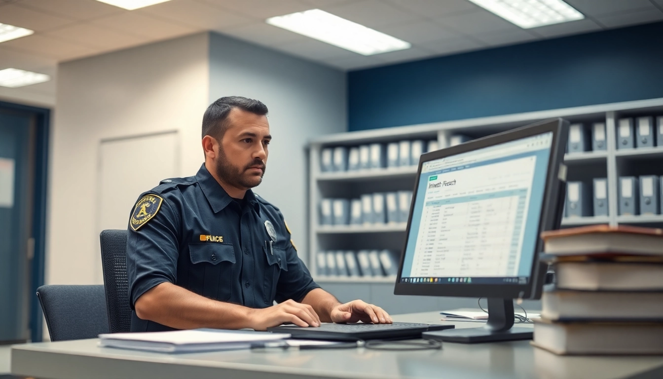 Search for information about santa ana jail inmate search with a professional officer at a desk.