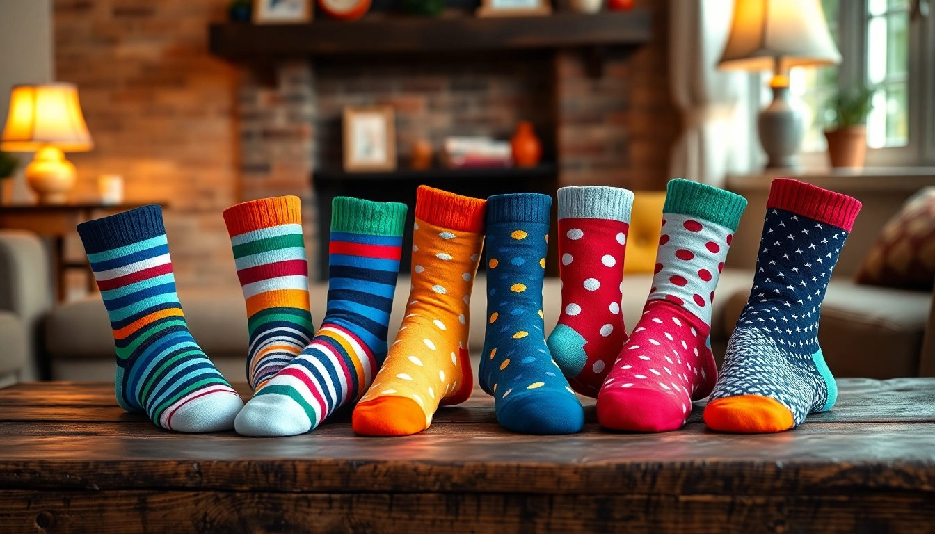 Showcase of 5 Pairs Mixed Socks featuring colorful designs on a rustic table