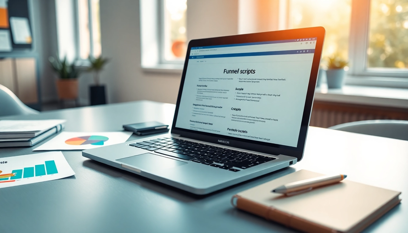 Utilizing Funnel scripts in a bright marketing workspace with notes and charts.