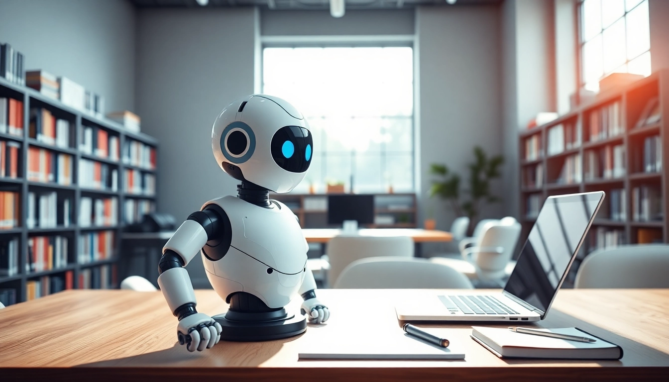 Engaging AI bot for websites interacting peacefully in a modern office setting.