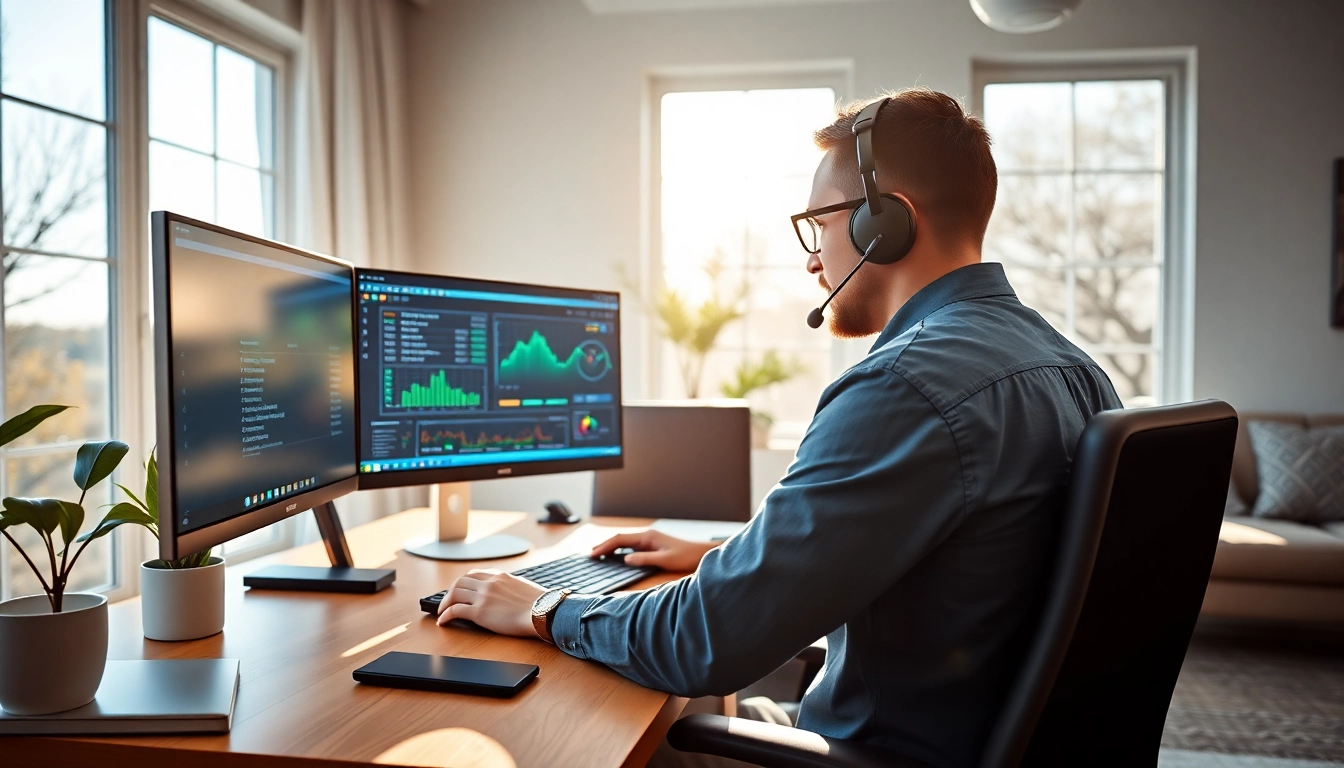 Providing residential IT support while troubleshooting in a modern home office.
