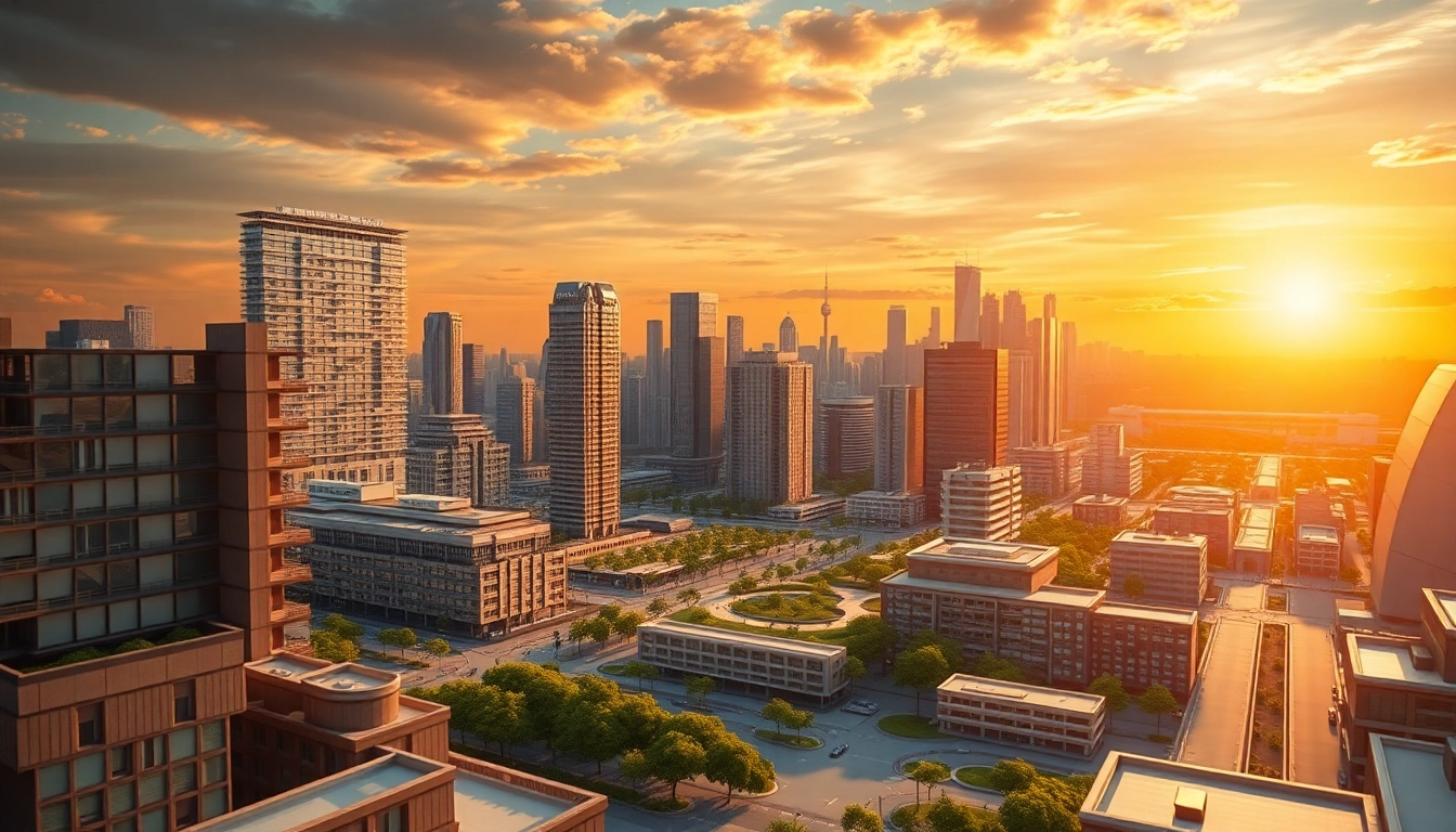 3D Visualisierung mit fotorealistischen Details eines modernen Stadtmodells bei Sonnenuntergang.