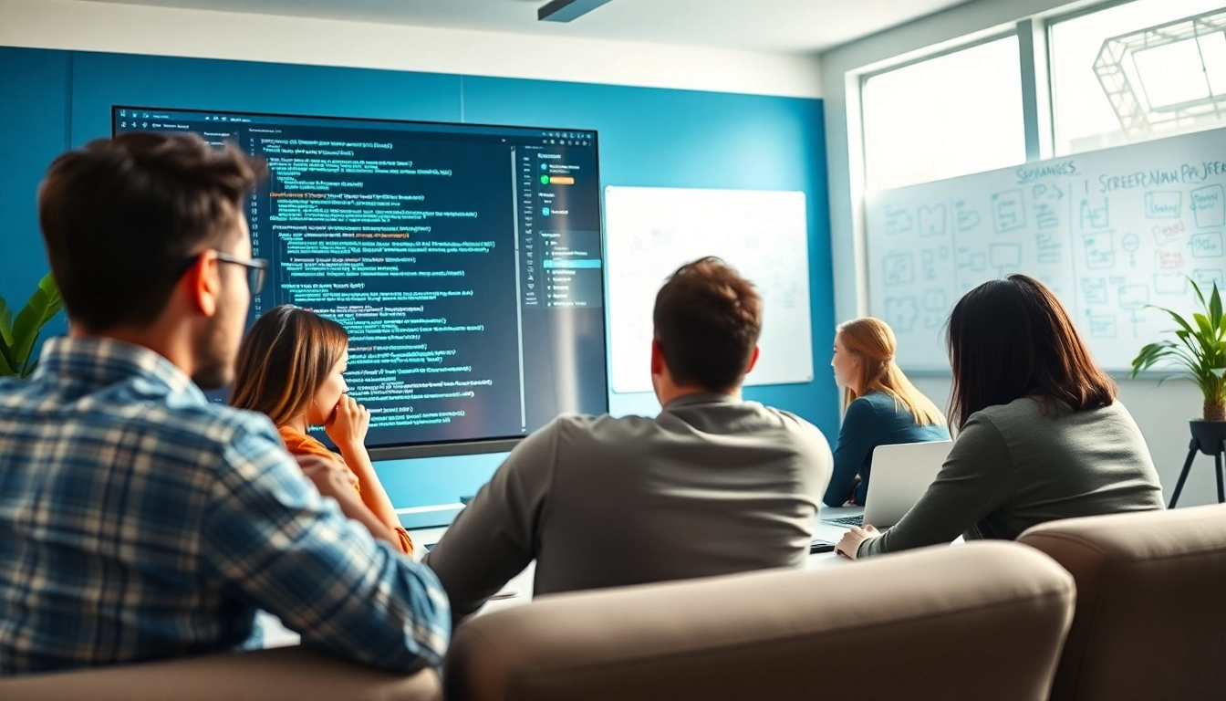 Team engaging in web development, highlighting collaboration and innovation in a modern workspace.