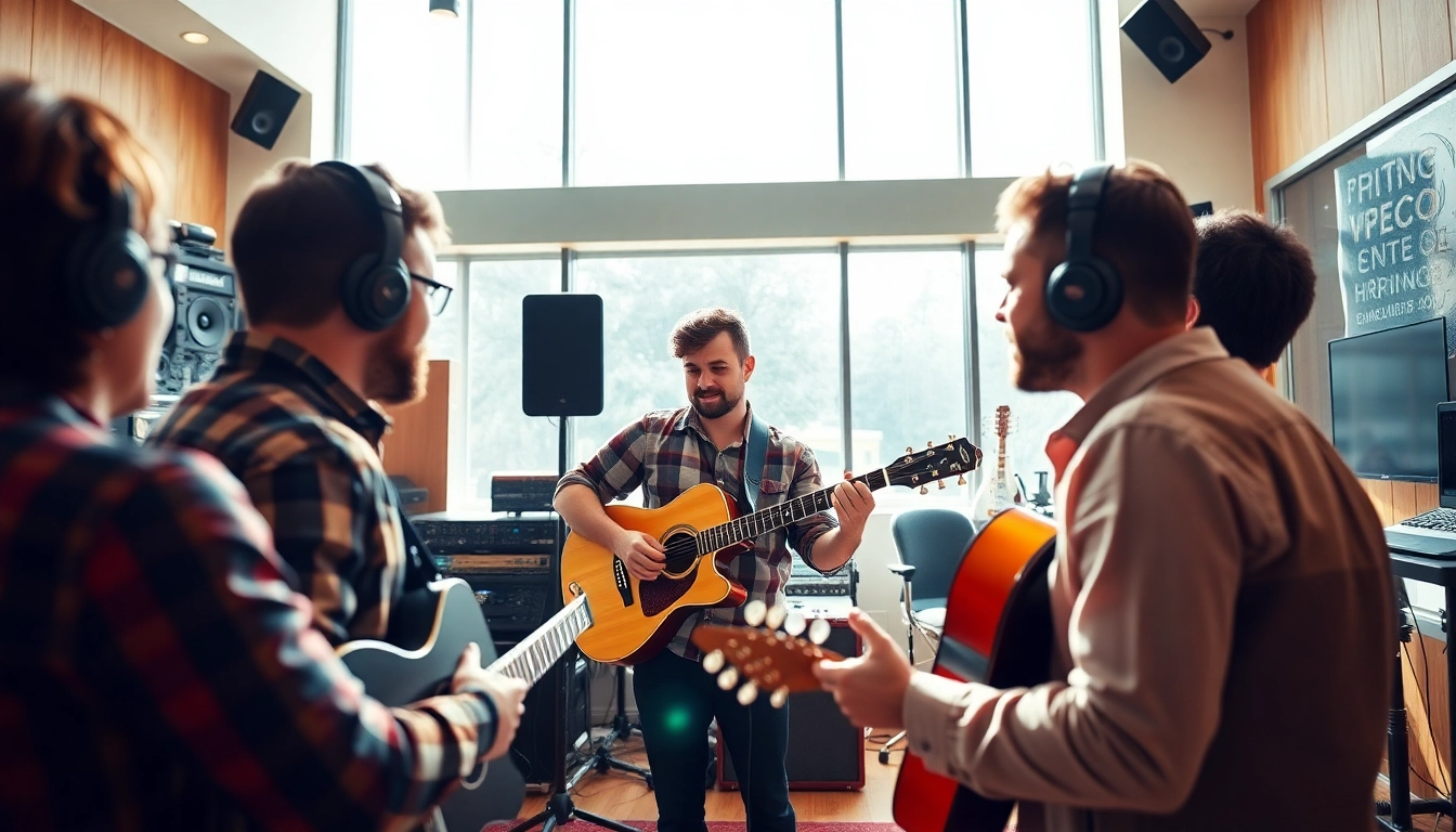Pursuing music pitching in a studio environment with vibrant energy and dynamic interaction.