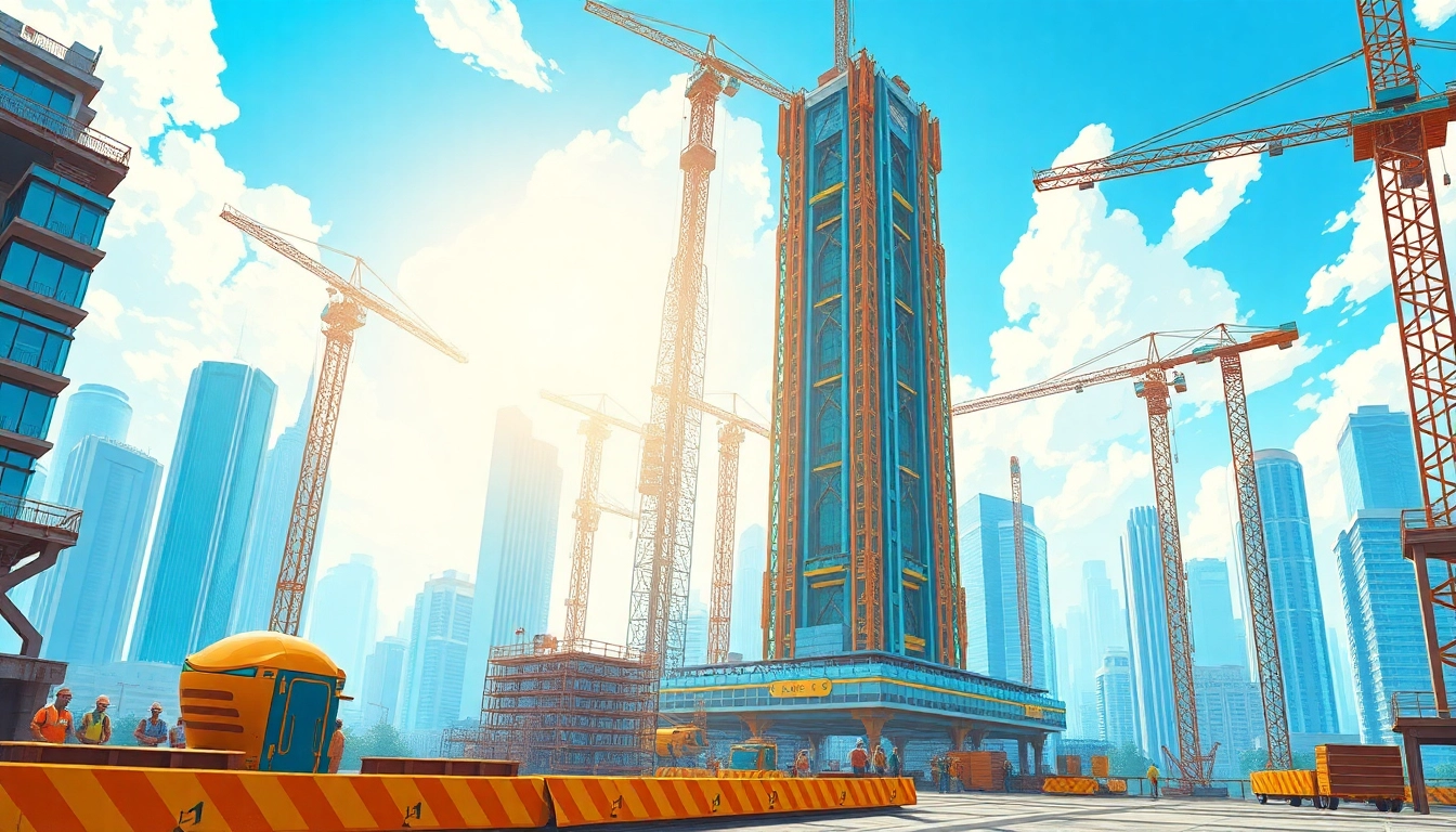 Build a vibrant sim tower with workers and cranes at a construction site.