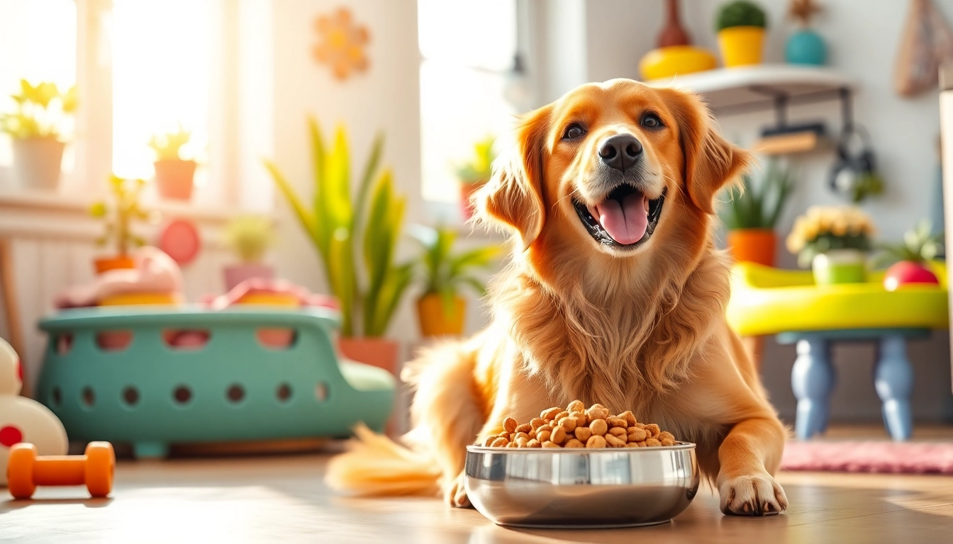 Golden retriever happily eating badlands ranch dog food in a bright kitchen setting.