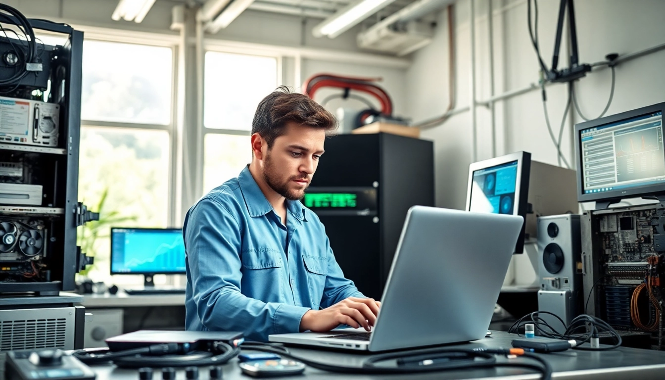 Engaging computer service technician providing repairs with a modern setup in a bright workshop.