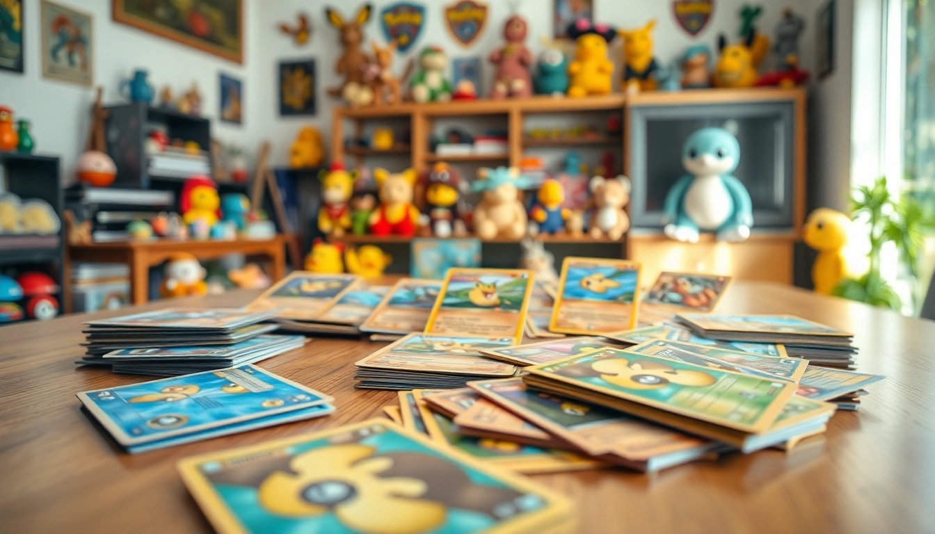 Showcasing real Pokémon cards arranged artistically on a gaming table with nostalgic toys.
