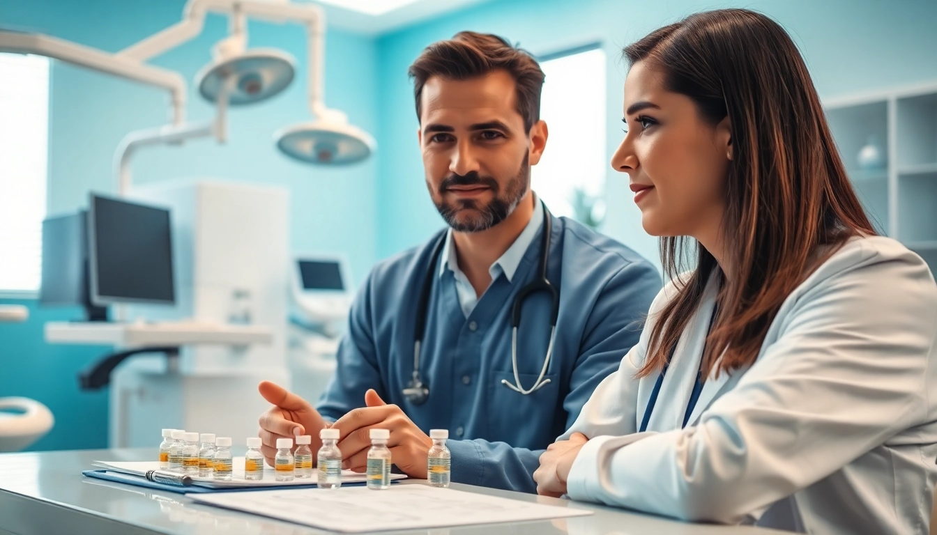 Engaging interaction on Peptide Therapy in a clinical setting, highlighting professional care.