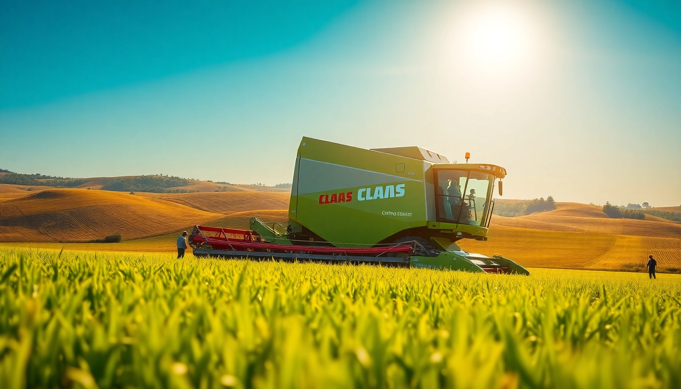 Claas Mähdrescher in einem weitläufigen Feld mit fruchtbarem Grün und blauer Himmel.