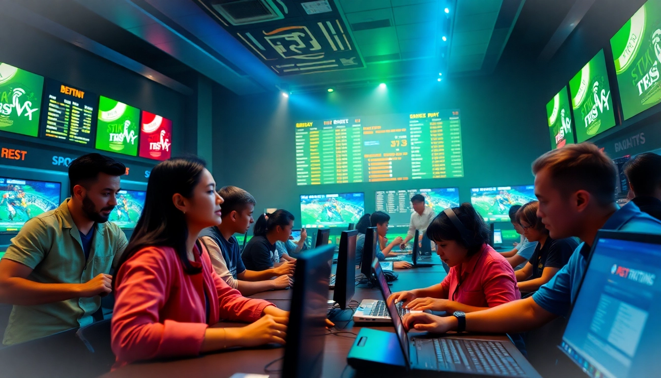 Situs judi bola showing players engaged in online sports betting with diverse options and high energy.