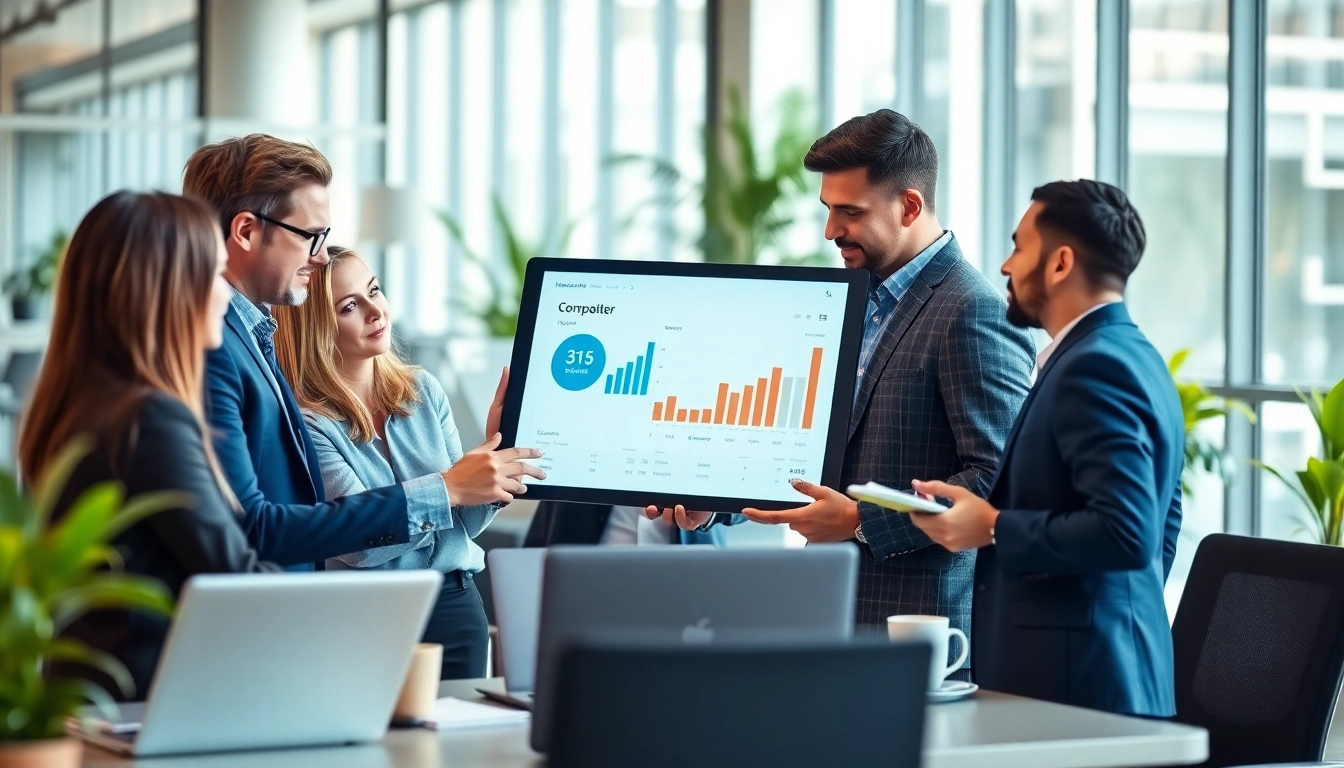 Analyze ai prompts for competitor analysis with a business team discussing strategies in a modern office environment.