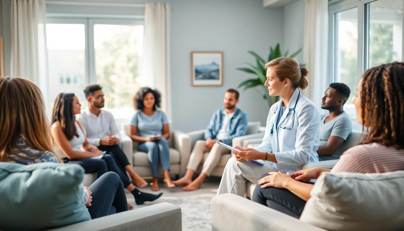 Participants engaging in a group therapy session for healing trauma, surrounded by a calming atmosphere.